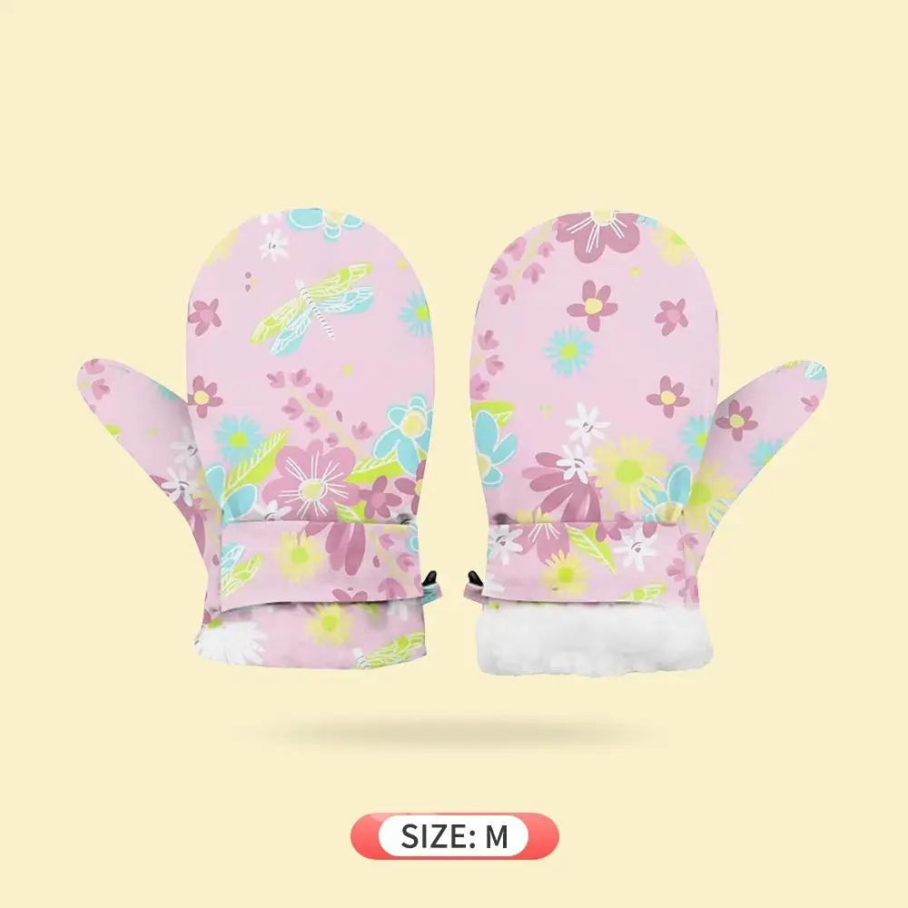 Kids' Floral Fleece-Lined Snow Mittens with Anti-Lost Clip