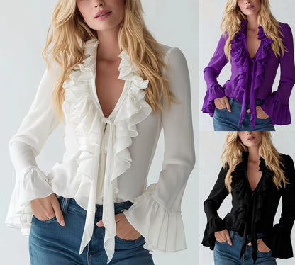 Chiffonbluse mit V-Ausschnitt und Rüschenärmeln