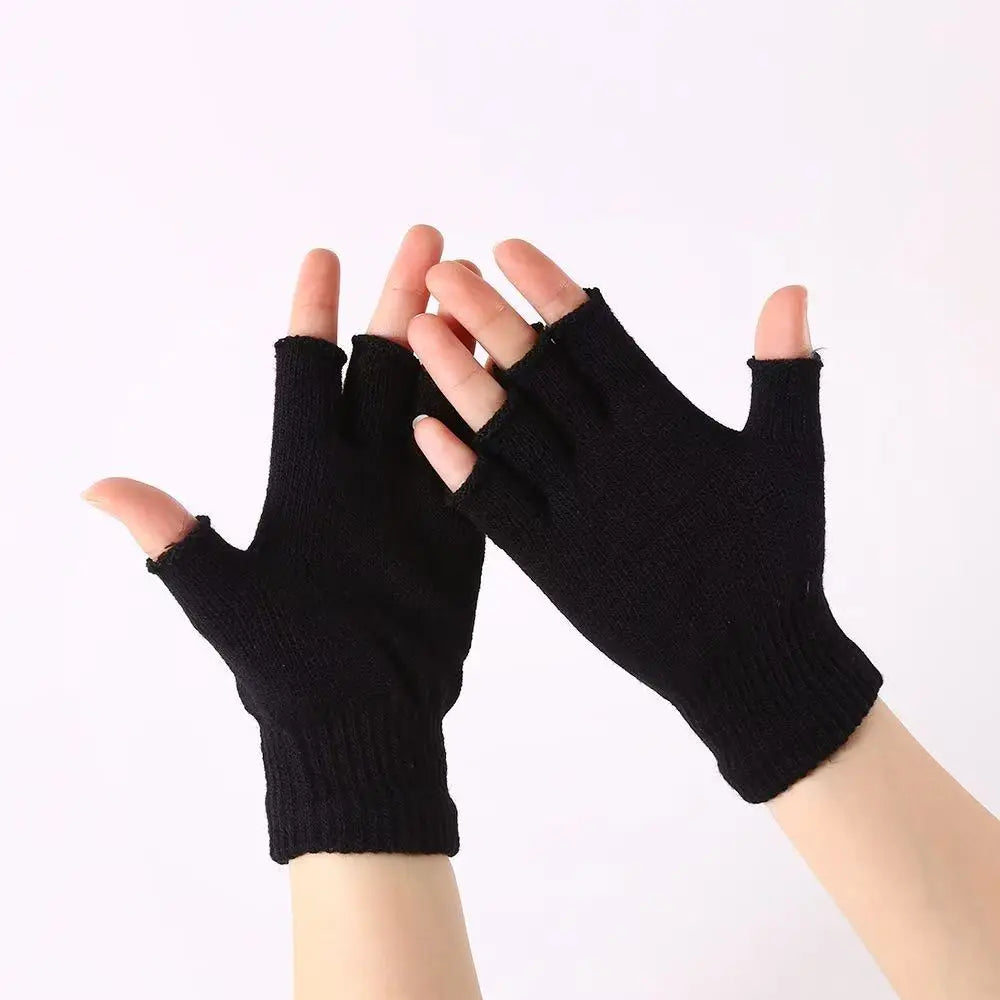Thick Knit Fingerless Gloves – Unisex Black Half-Finger Gloves