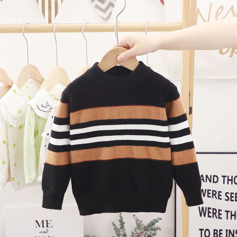 Boys' Striped High Collar Knit Sweater - Full Sleeve Winter Knitwear, Ages 2-6