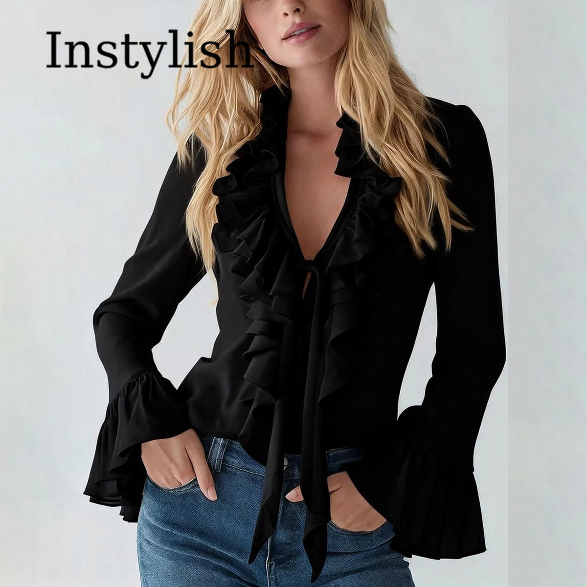V-Neck Ruffle Sleeve Chiffon Blouse
