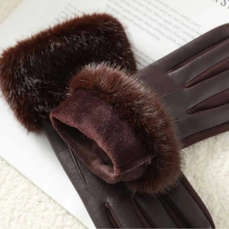 Women's Faux Fur Trim Faux Leather Gloves – Thermal-Lined, Windproof