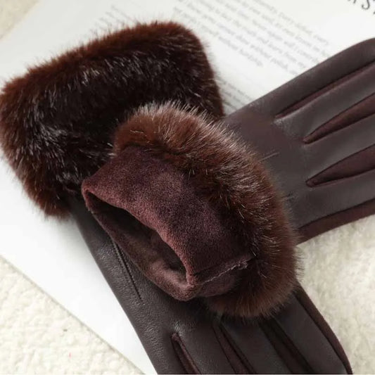 Women's Faux Fur Trim Faux Leather Gloves – Thermal-Lined, Windproof