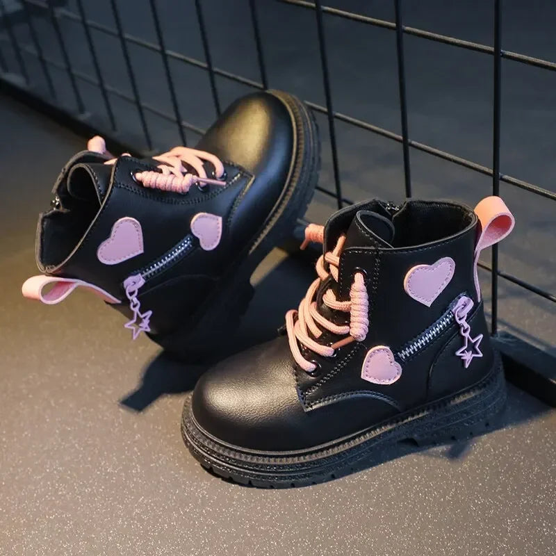 Black/pink Girls Leather Boots Velvet with Anti Slip Low Cut Side Zipper Winter Outdoor Girls Fashion Single Boot