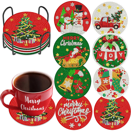 DIY Christmas Diamond Painting Coasters – Set of 8 with Holder