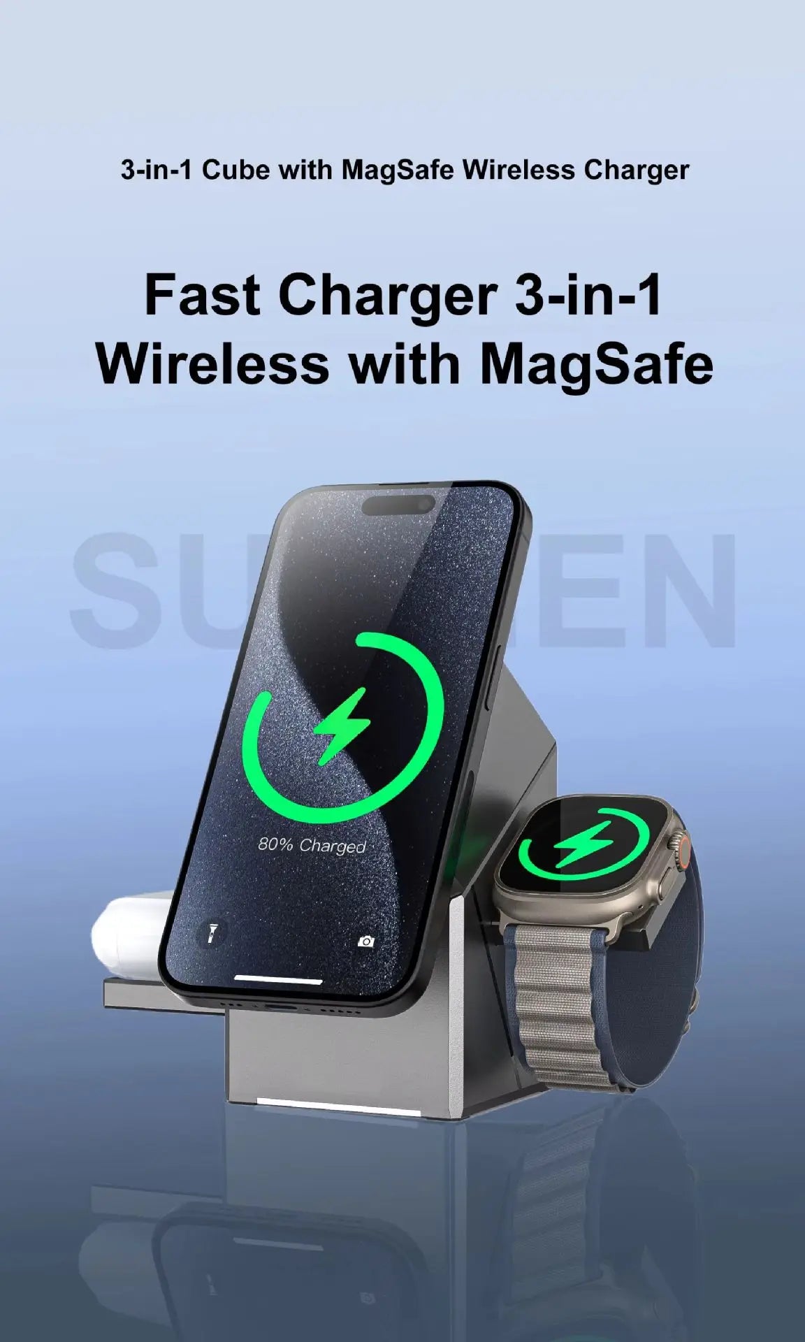 3-in-1 Magnetic Wireless Charging Station for iPhone, Watch & Earbuds