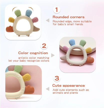 Anneau de dentition en silicone bébé dinosaure – Jouet de mastication pour nourrisson sans BPA, facile à saisir et cadeau de naissance