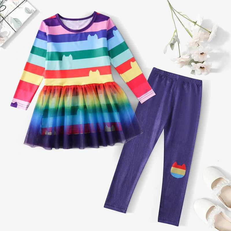 Girls' Rainbow Tutu Cat Costume Set - Top, Skirt & Pants Party Outfit, Ages 3-10