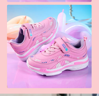 Zapatillas deportivas impermeables para niñas, zapatillas casual de cuero rosa transpirables, a la moda, antideslizantes, ligeras para niños.