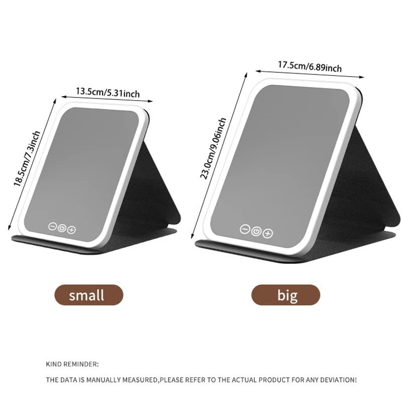 Foldable LED Makeup Mirror – 3 Light Colours, Dimmable Touch Control, Rechargeable