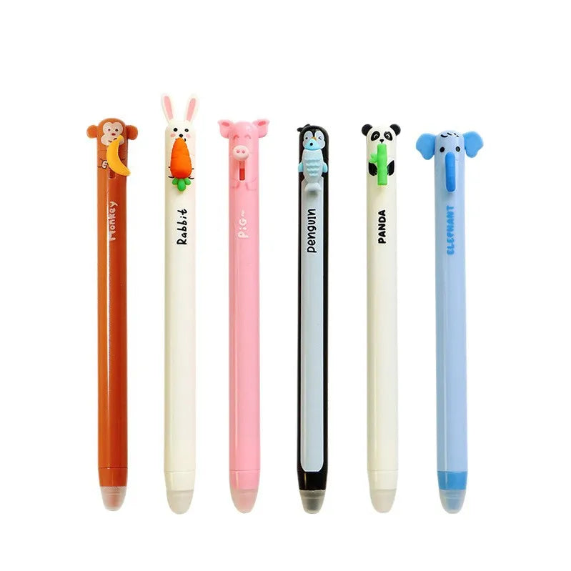 6pcs Animal-shaped Erasable Gel Pen Set, 0.7mm Fine Tip, Blue Ink, Built-in Eraser, Ideal for Note-taking and Writing,Side press