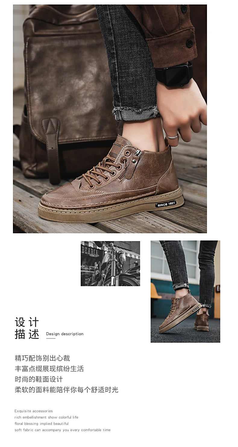 Men's boots autumn and winter new warm plush outdoor casual boots work boots fashion versatile soft soled comfort leather boots