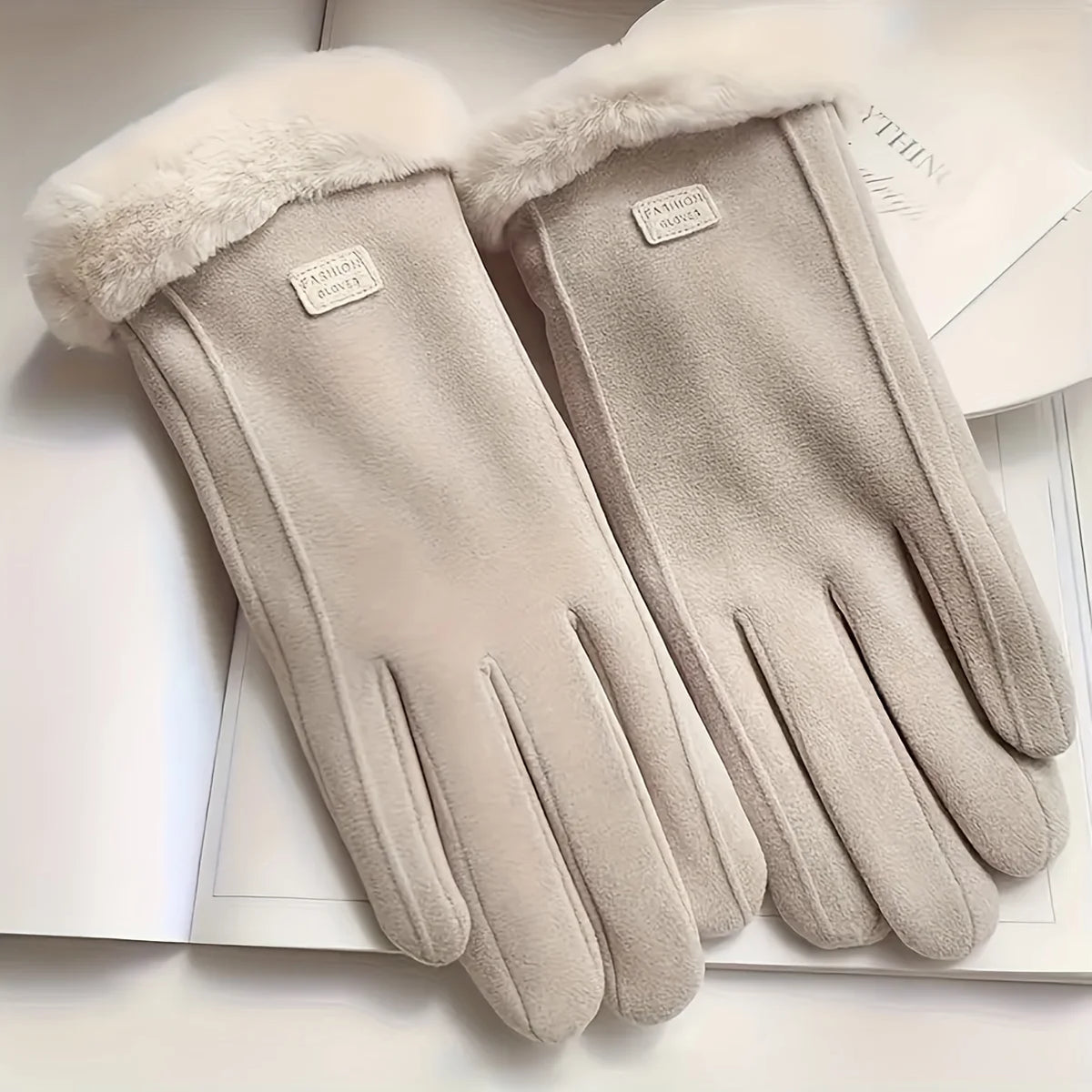 Unisex Beige Plush-Lined Touchscreen Gloves