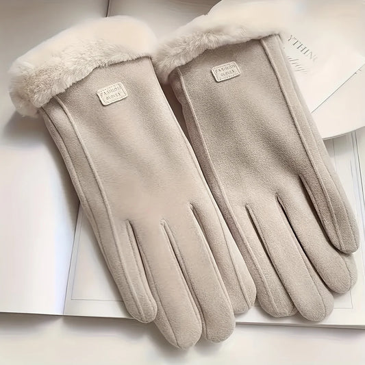 Unisex Beige Plush-Lined Touchscreen Gloves