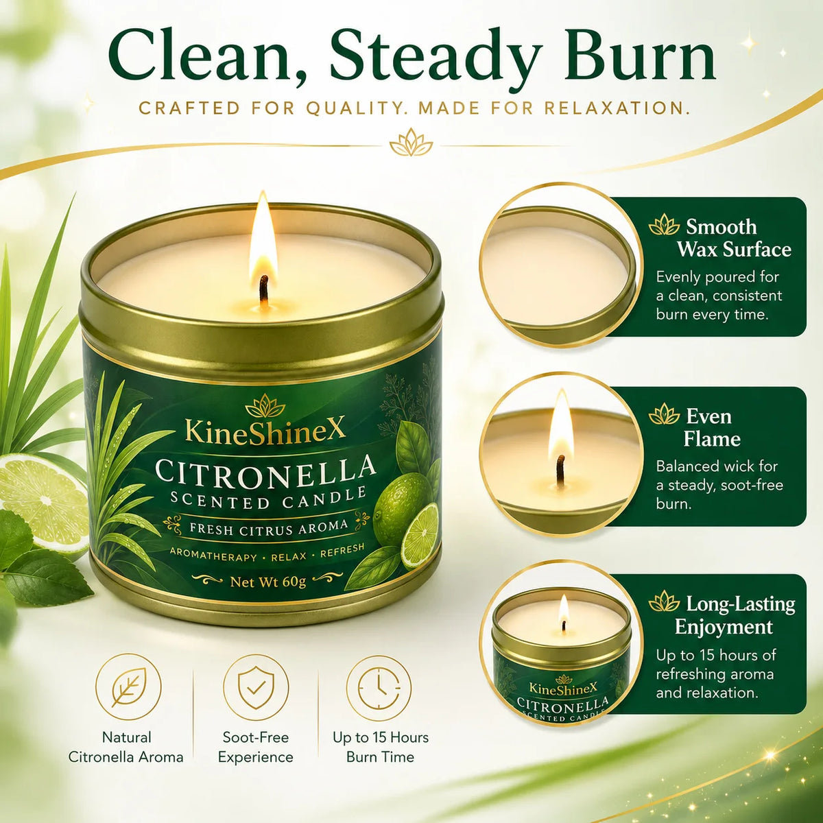 Citronella Scented Candle 60g–Fresh Citrus Aroma,Aromatherapy Relaxation,Up to 15H Burn Time,Clean Soot-Free for Indoor Outdoor