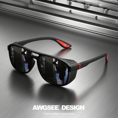 Black sunglasses with red accents on a metallic surface, featuring the AWGSEE DESIGN brand.