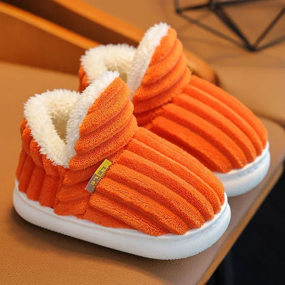 Kids' Striped Plush Slippers – Warm Non-Slip Heel-Wrap House Shoes