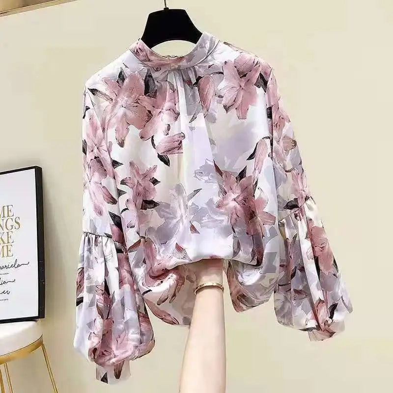 Yellow Floral Printing Chiffon Stand Collar Lantern Sleeve Pullover Women's Blouse Shirt Casual Female Clothing Tops Fashion