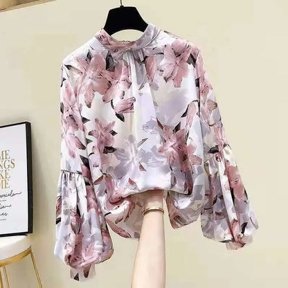 Blusa Gialla in Chiffon a Fantasia Floreale con Maniche a Lanterna