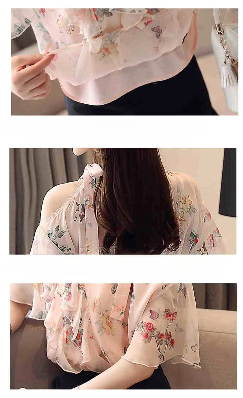 Chiffon Female Tops Floral with Puffy Sleeves Women's Shirt Blouse Modern Long Tall Elegant Luxury Korean Popular Clothes Pretty