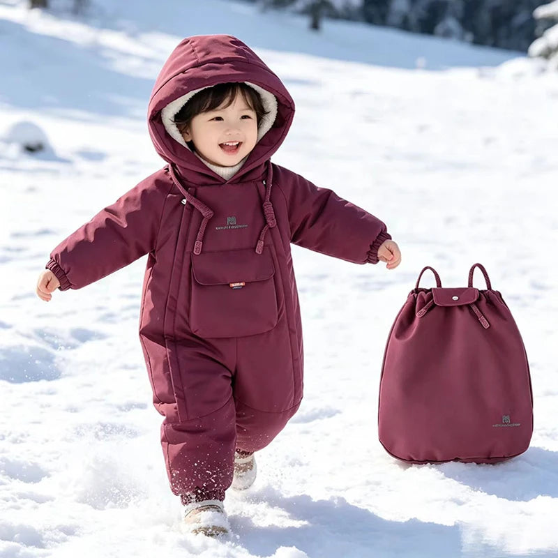 2Pcs Set Children Winter Ski Suit Coat + Backpack Thicken Baby Jumpsuit Warm Children Snowsuit Hooded Kids Clothes 1-5 Years