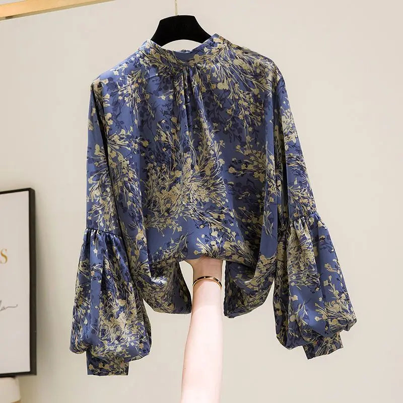 Floral Print Vintage Chiffon Stand Collar Lantern Sleeve Pullover Women's Blouse Shirt Casual Female Clothing Tops Fashion 2024