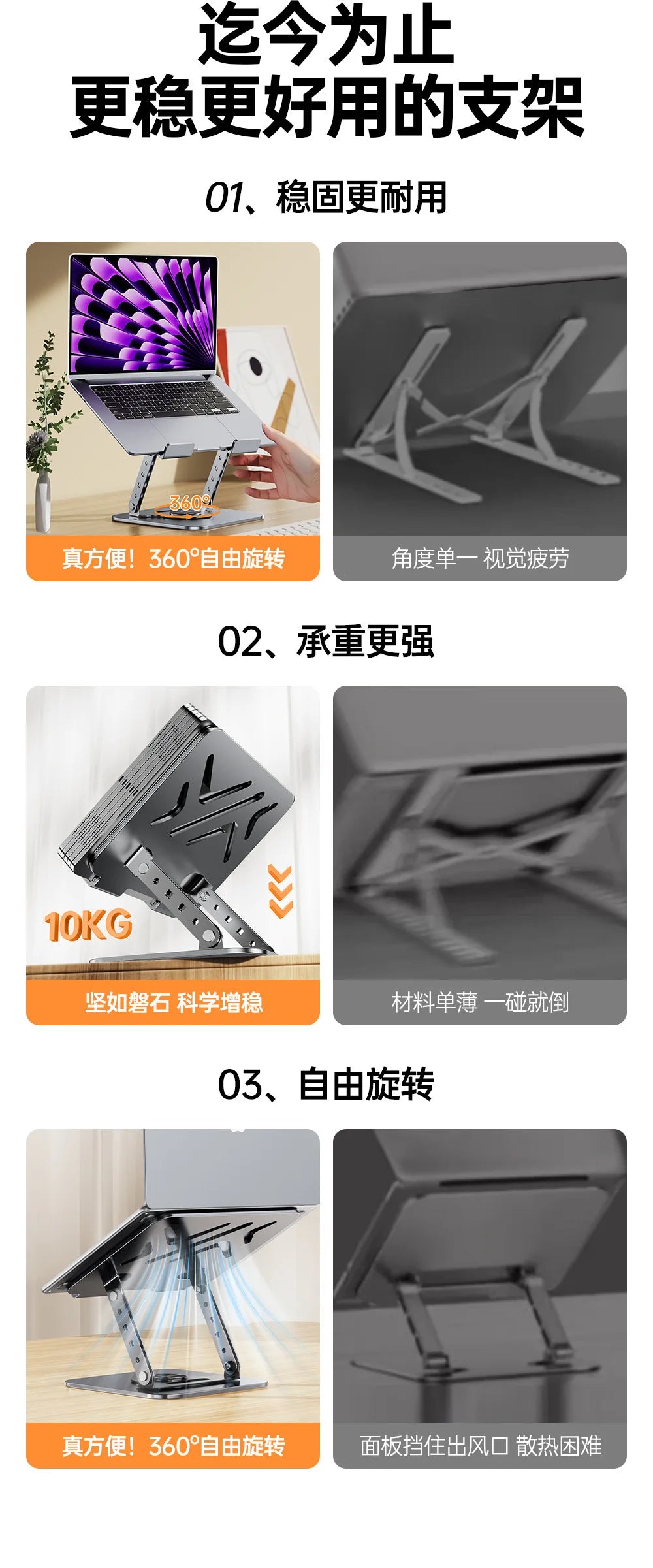 Sturdy 360° Rotation Laptop Stand Adjustable Foldable Notebook Holder Space-saving Durable Desktop Riser for 10-17 Inch Laptops