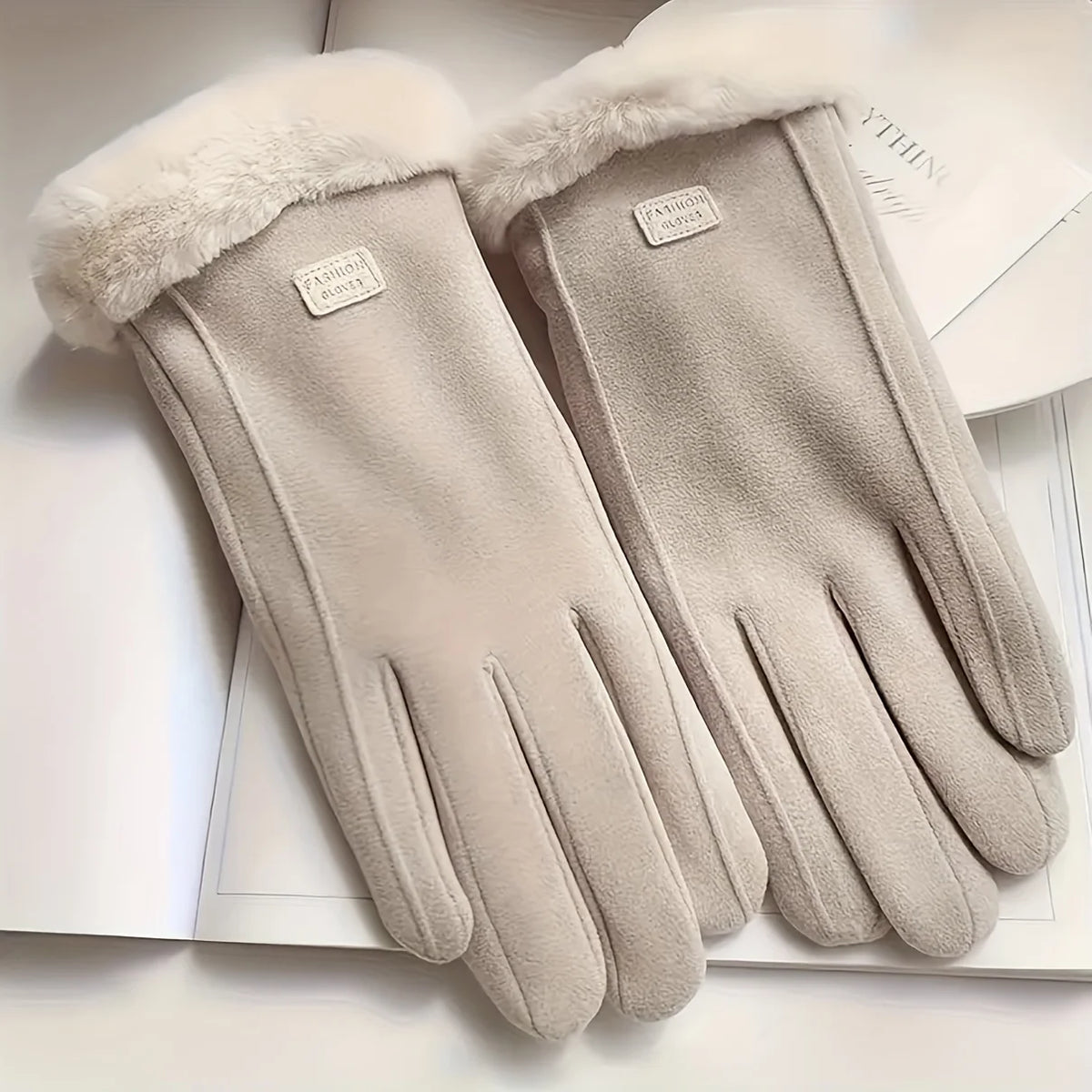Unisex Beige Plush-Lined Touchscreen Gloves