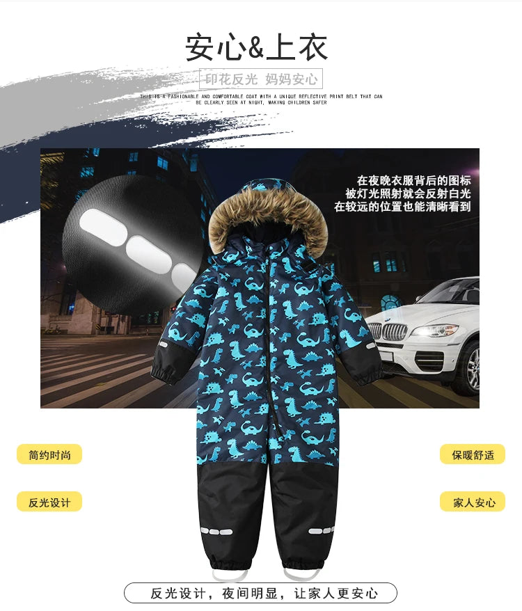 Baby Boys One-Piece Ski Suits Children's Snowboarding Fur Hooded Thick Windproof Warm Skiing Sports Clothes for Winter