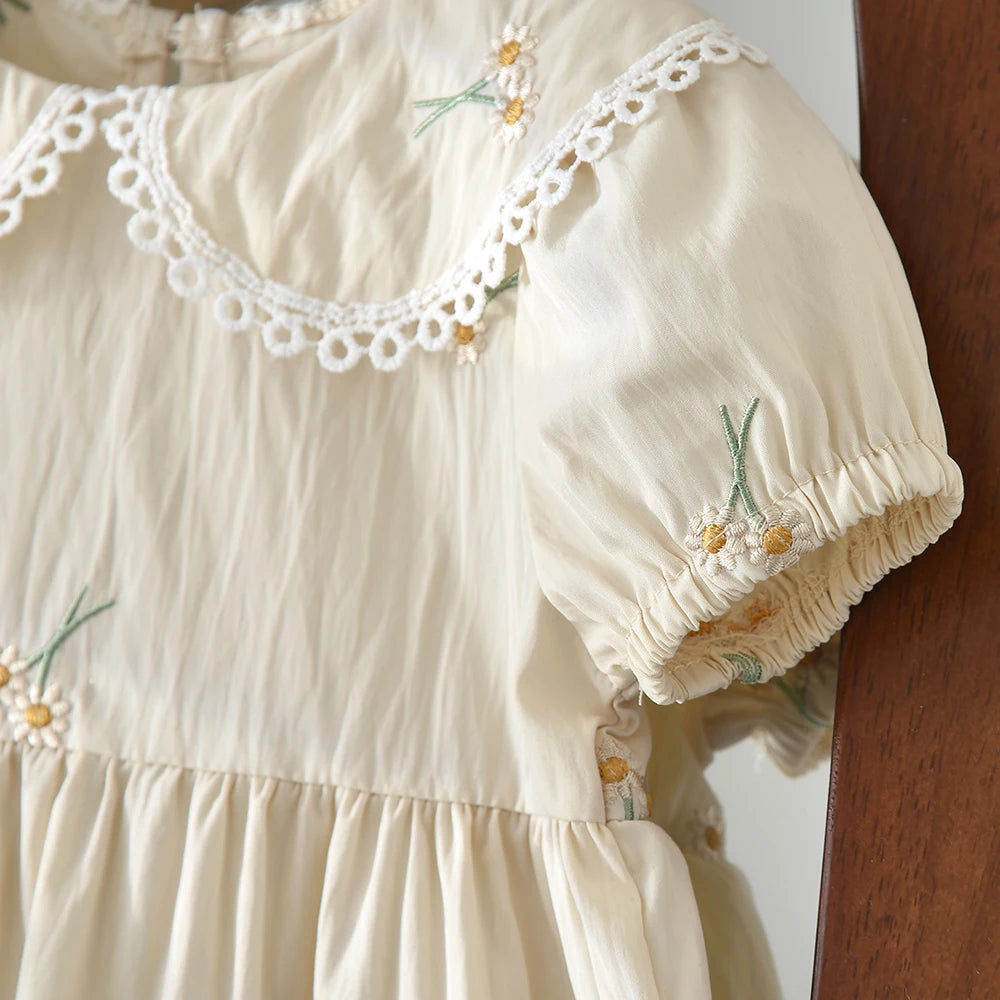 Girls' Beige Embroidered Doll Collar Dress - Bubble Sleeve Princess Dress, 6M-3Y