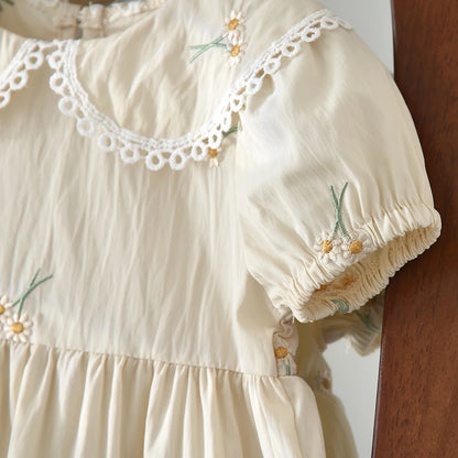 Vestido beige bordado para niña con cuello de muñeca - Vestido de princesa con mangas abullonadas, 6M-3A