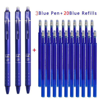 Ensemble de stylos gel effaçables rétractables – Encre noire et bleue 0,5 mm avec recharges et gomme intégrée pour l'école et le bureau