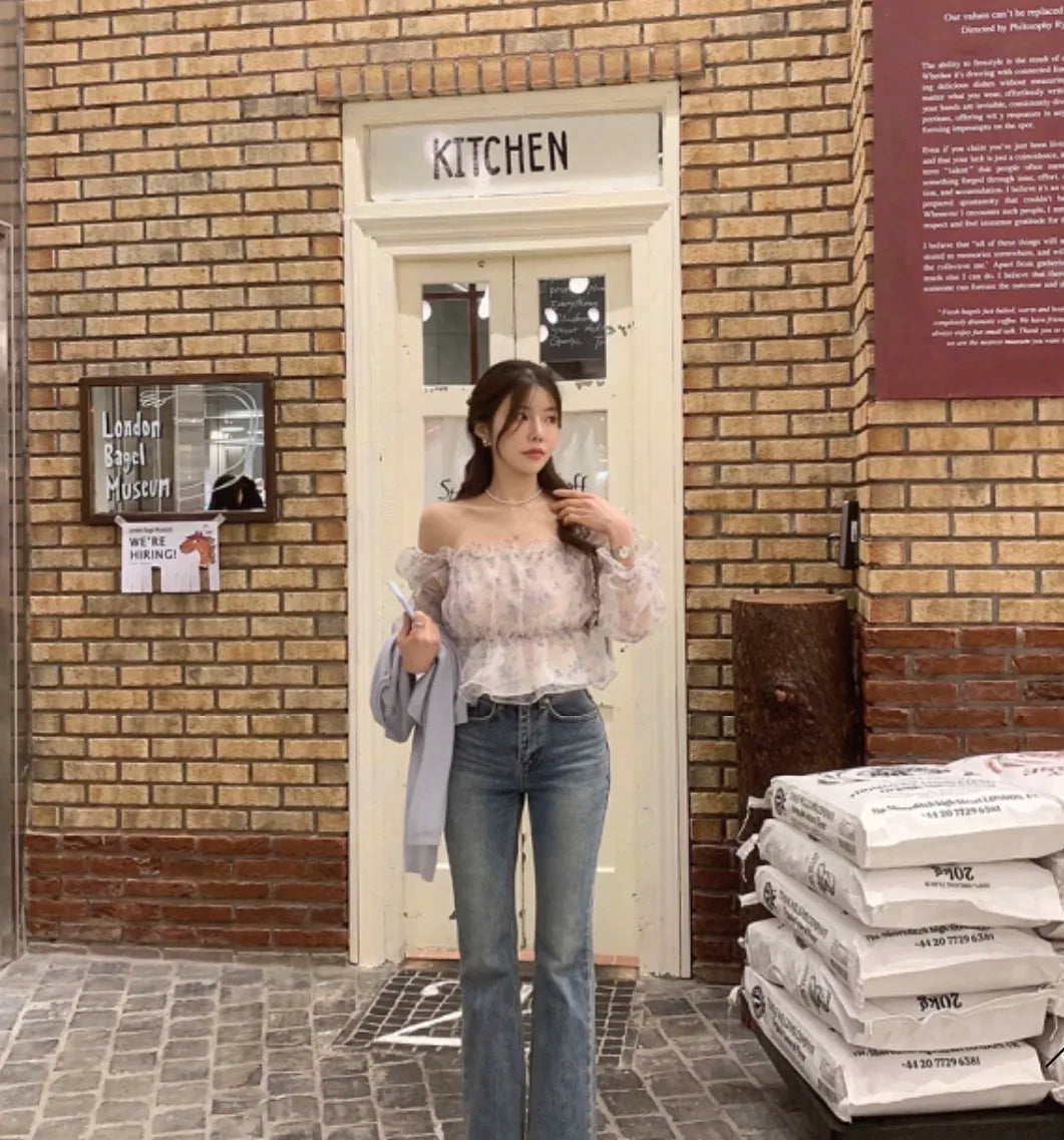 Chic Spring Women's Blouse Gentle Shoulder Bared Floral Bubble Sleeve Chiffon Top Korean Style Loose Fit Long Sleeve Short Le...