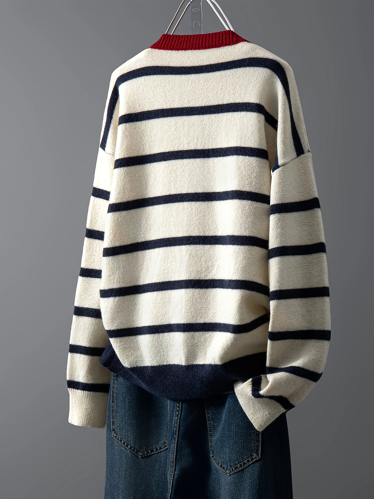 Women's Striped Button Front Cardigan, Cute Heart Pattern Knit Coat, Casual Fashion Outwear