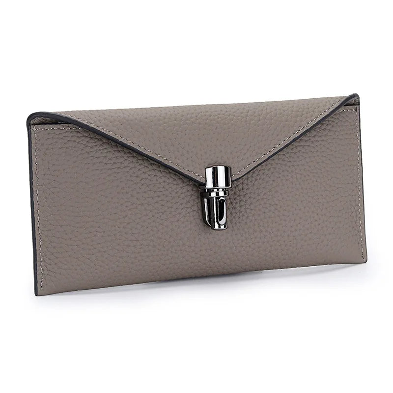 Genuine Leather Envelope Wallet for Women – Slim Long Clutch with Lock Clasp