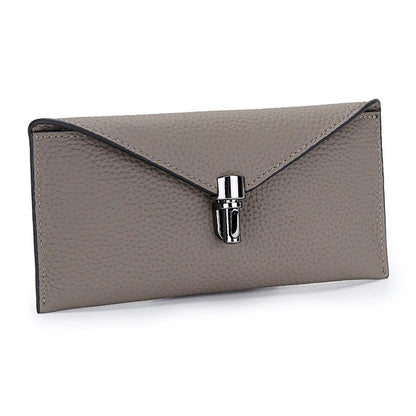 Cartera tipo sobre de cuero genuino para mujer – Clutch largo y delgado con cierre de seguridad