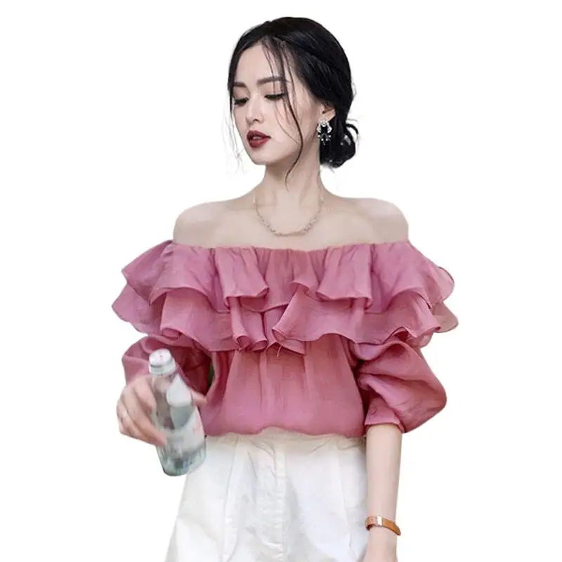 2026 Korean Elegant Sweet Lyocell Blouse Fashion Autumn Off Shoulder Ruffle Slash Neck Long Sleeve Shirt Plus Size Spring Tops