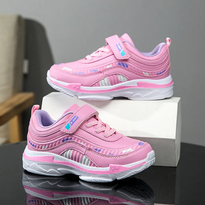 Zapatillas deportivas impermeables para niñas, zapatillas casual de cuero rosa transpirables, a la moda, antideslizantes, ligeras para niños.