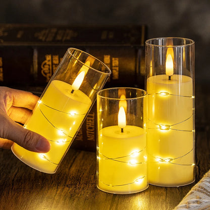 Flammenlose LED-Kerzen mit integrierten Sternen-Lichterketten | 3D-Flamme | Acryl | 3 Größen | Romantische Heimdekoration