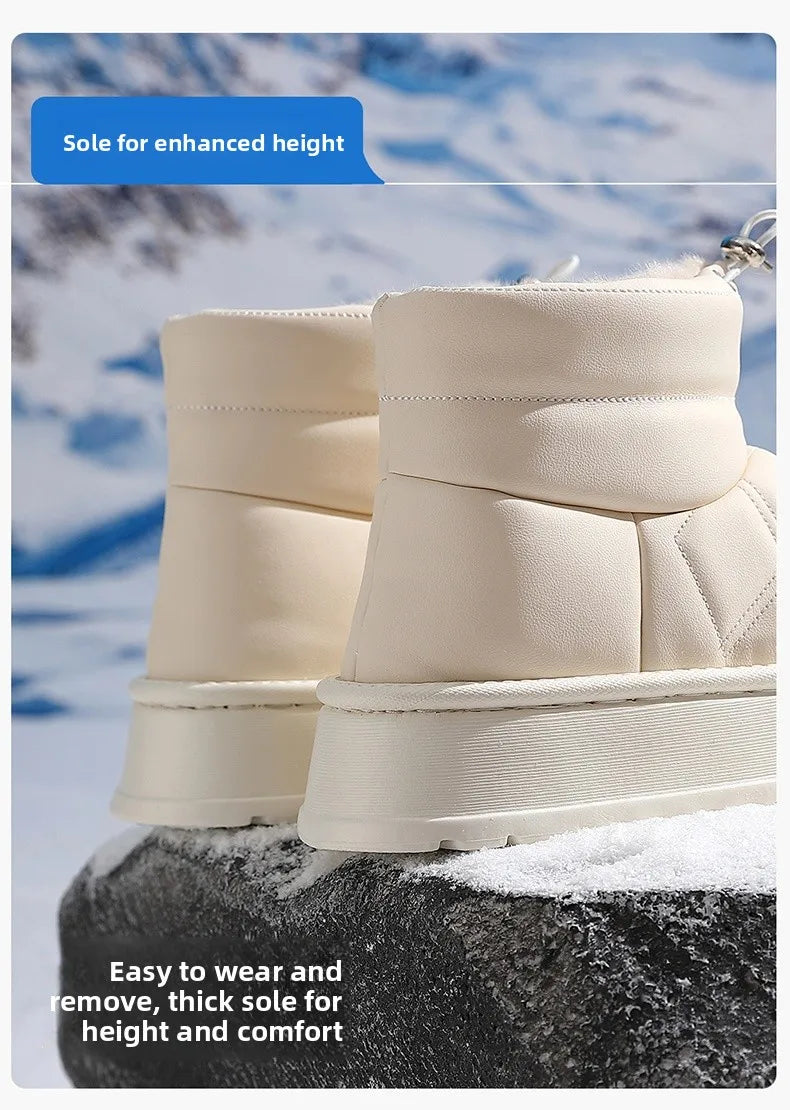 Women's Winter High-Top Fur Lined PU Leather Snow Boots Waterproof Cotton Shoes Warm Fashionable Short Tube EVA Inner Material