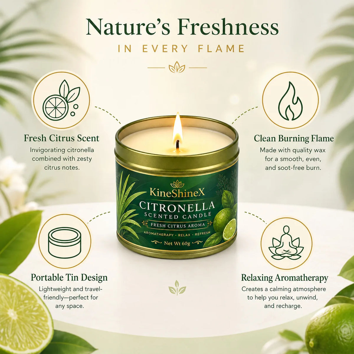 Citronella Scented Candle 60g–Fresh Citrus Aroma,Aromatherapy Relaxation,Up to 15H Burn Time,Clean Soot-Free for Indoor Outdoor