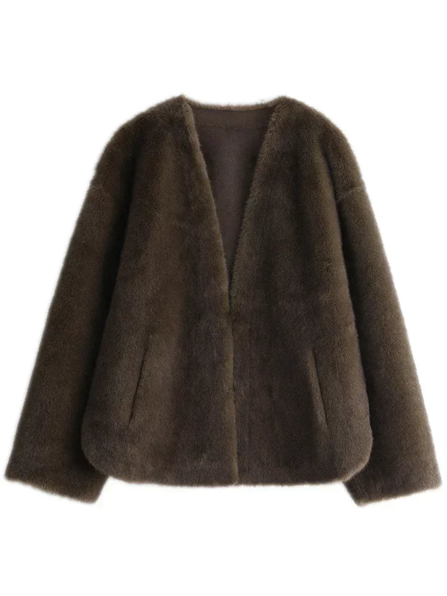 CHIC VEN Women's Jacket Loose Casual Solid Overcoat New Female Plush Coat V-neck Woman Outerwear Autumn Winter 2026