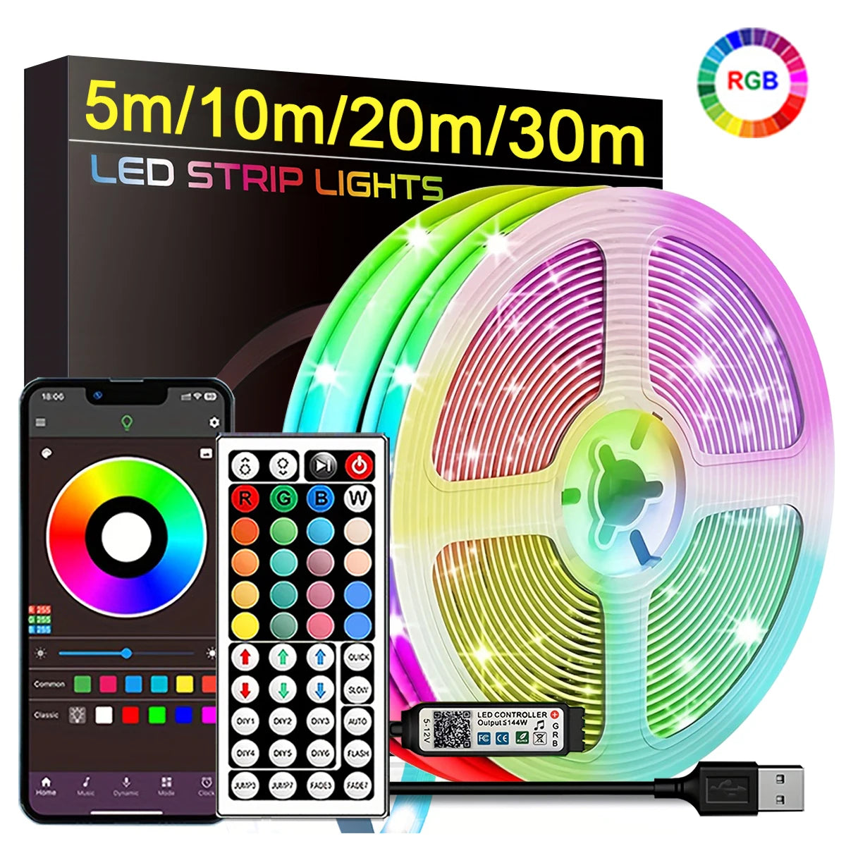 RGB LED Strip Lights with App & Remote Control – Flexible Room Bedroom Decoration Tape