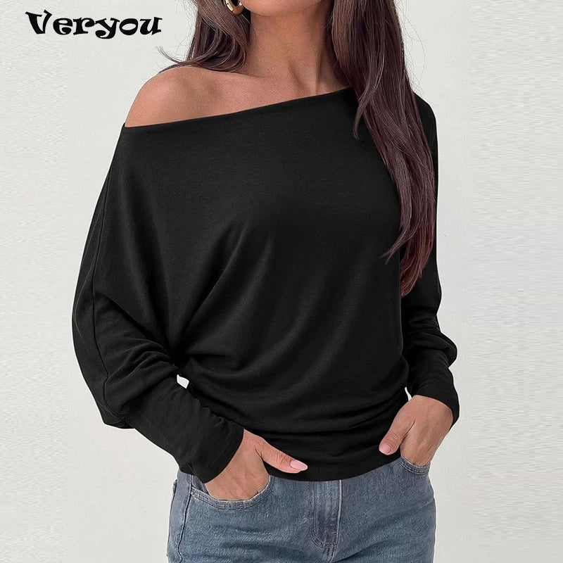 Elegant Off Shoulder Women T-Shirts Solid Color Long Sleeve Shirts For Women Spring Autumn Loose Pullover Lady Basic Tops