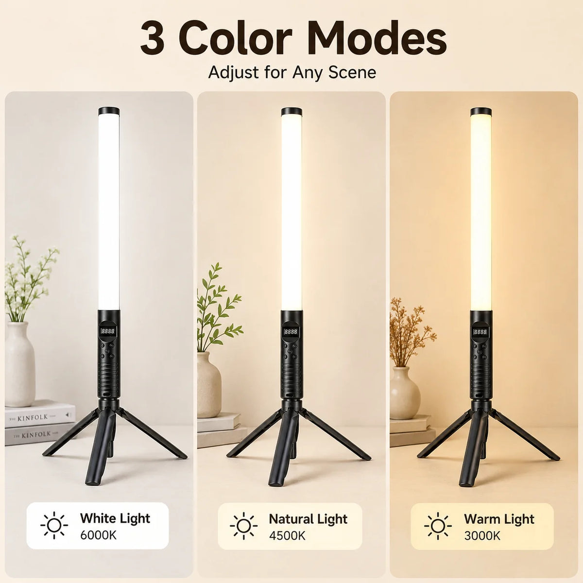 عصا إضاءة الفيديو المحمولة RGB – مصباح LED قابل لإعادة الشحن مع حامل ثلاثي اختياري