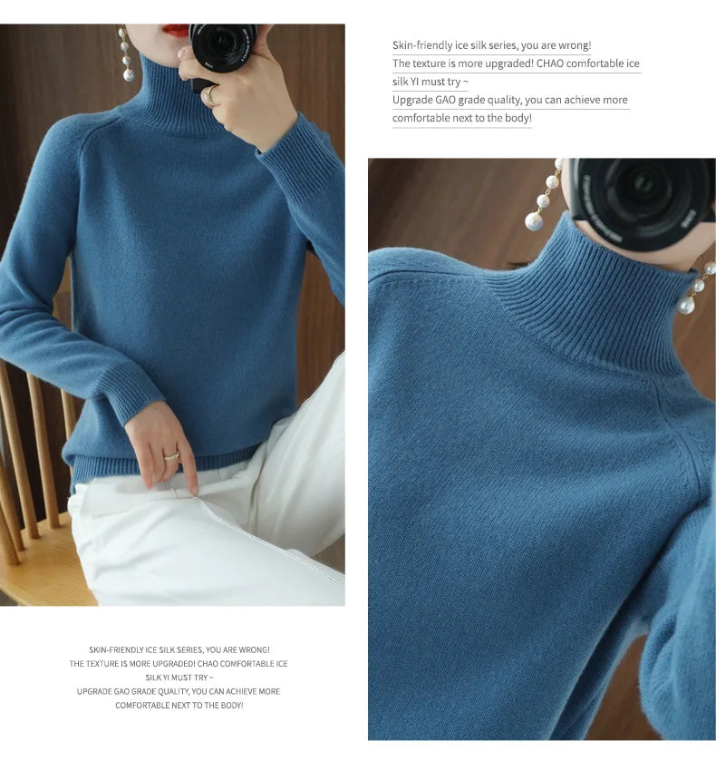 Fashion Basic Autumn Winter Merino Wool Sweater Mock Neck Cashmere Pullover Solid Color Soft Long Sleeve Basic Clothing Tops