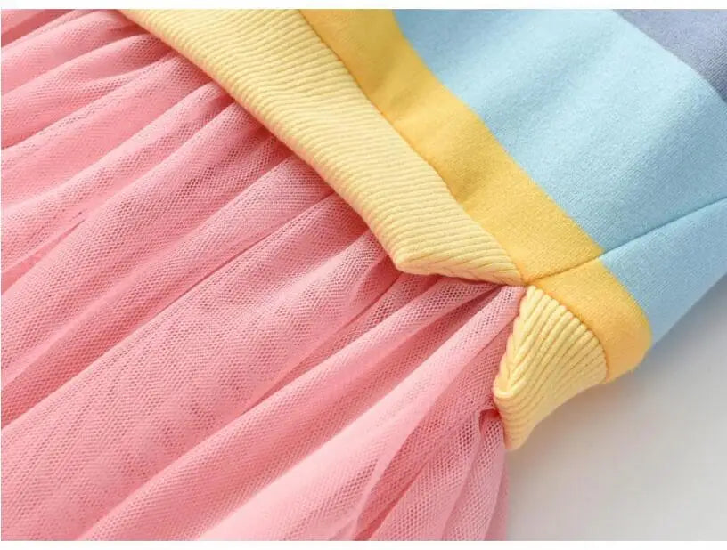 Girls' Rainbow Stripe Fleece Tutu Dress - Long Sleeve Autumn Princess Dress, 3T-7T