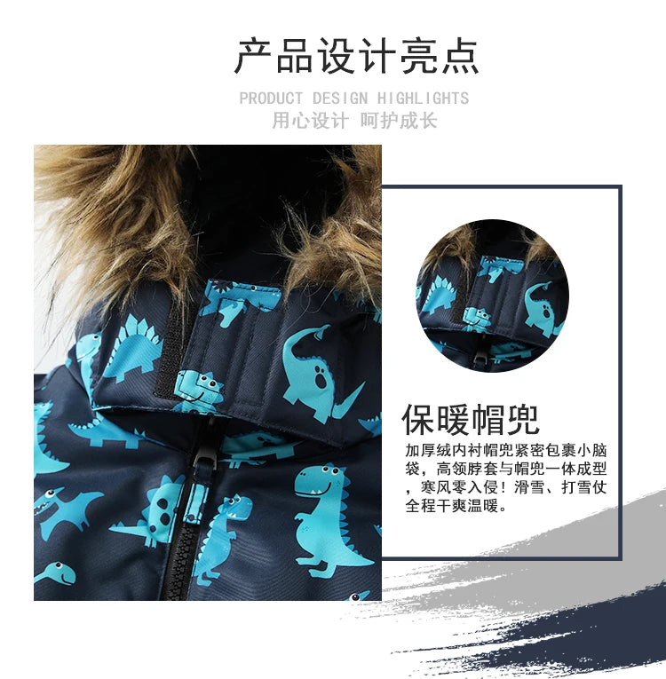 Baby Boys One-Piece Ski Suits Children's Snowboarding Fur Hooded Thick Windproof Warm Skiing Sports Clothes for Winter
