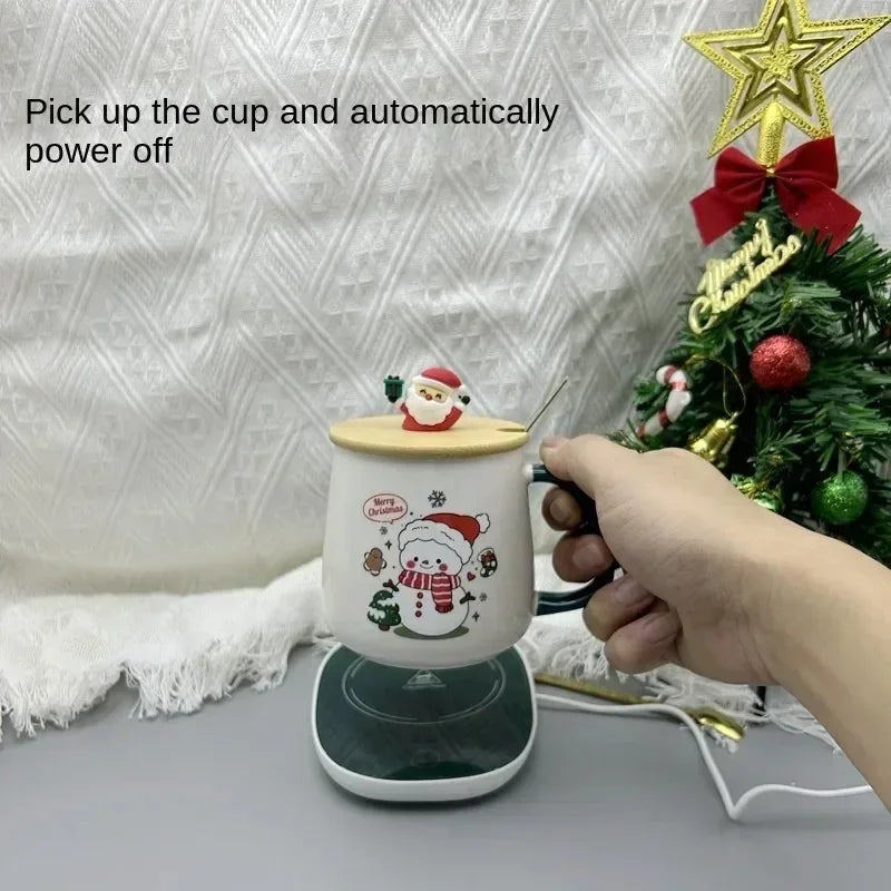 Santa Mug Warmer Gift Set – Ceramic Mug with Lid, Spoon & 55°C Warming Coaster