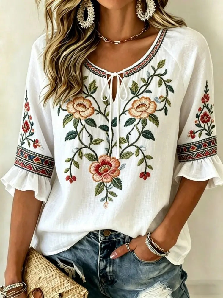 Women's Red & White Floral Embroidered Tie Neck Blouse, Casual Loose Tops for Spring Summer Daily Wear & Vacation Occasions